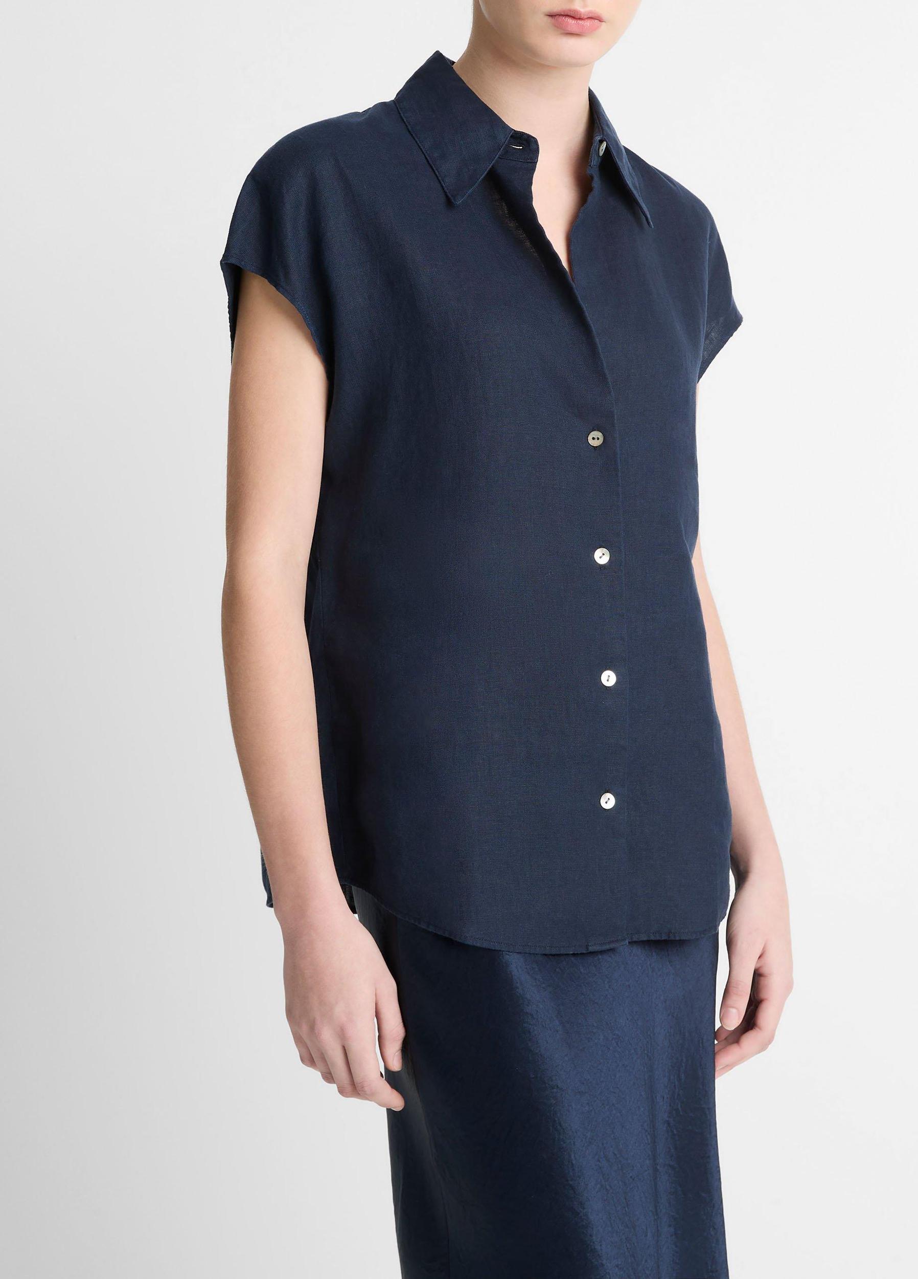 Linen Cap-Sleeve Button-Front Blouse Product Image