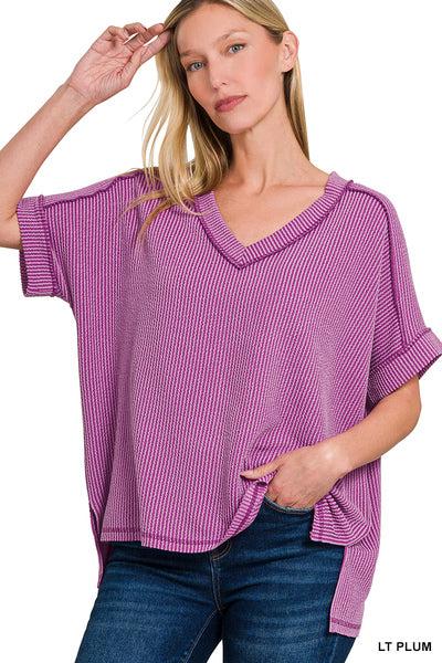 Corded V Neck Top- Grey Product Image