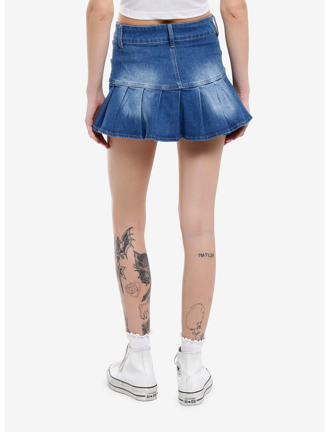 Faded Blue Denim Pleated Mini Skirt Product Image