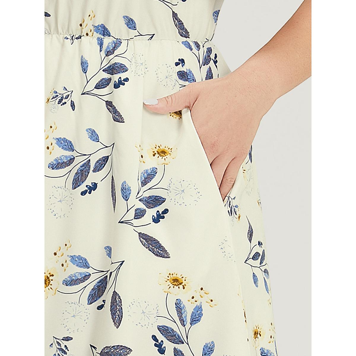 Plus Size Floral Arc Hem Pocket Split Petal Sleeve Zip Up Dress Ivory Women Office Lined V-neck Short sleeve Curvy Midi Dress BloomChic 14-16/1X Product Image