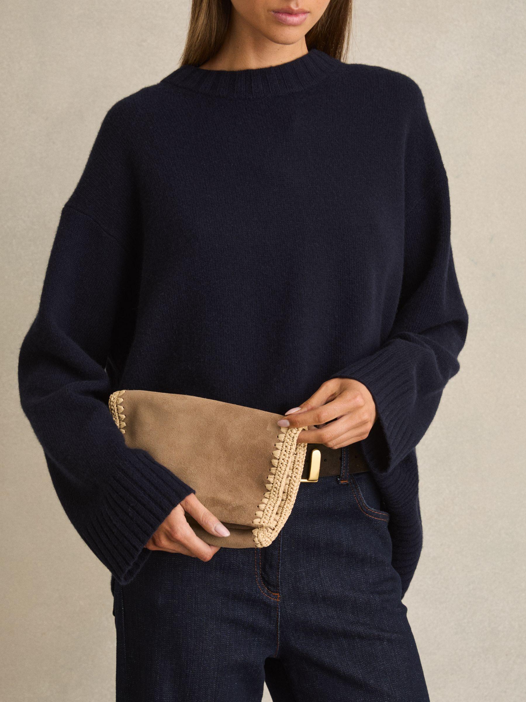 Suede Woven-Trim Clutch Bag in Tan Product Image