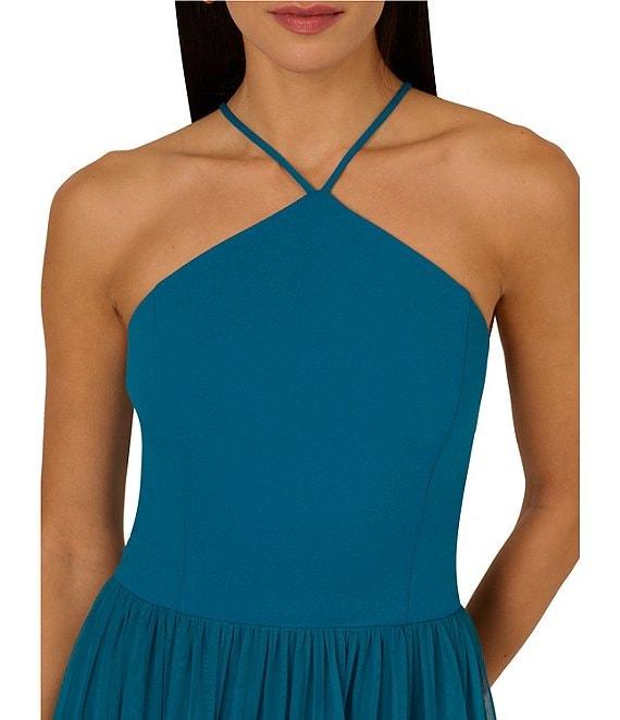 Adrianna Papell Knit And Mesh Halter Neck Sleeveless Tiered Trimmed A-Line Dress Product Image