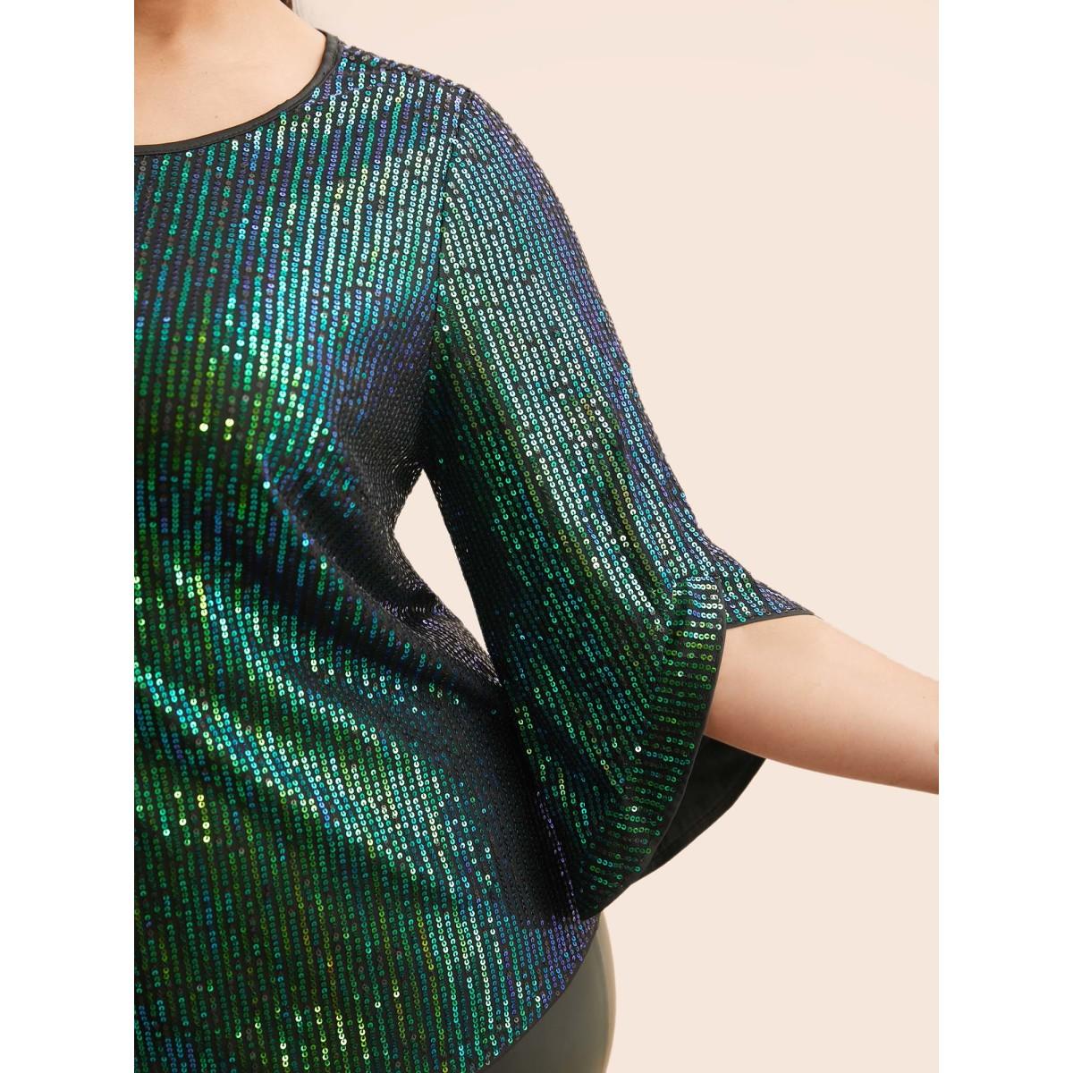 Plus Size DarkGreen Round Neck Sequin Bell Sleeve Blouse Women Cocktail Elbow-length sleeve Round Neck Party Blouses BloomChic 10/M Product Image