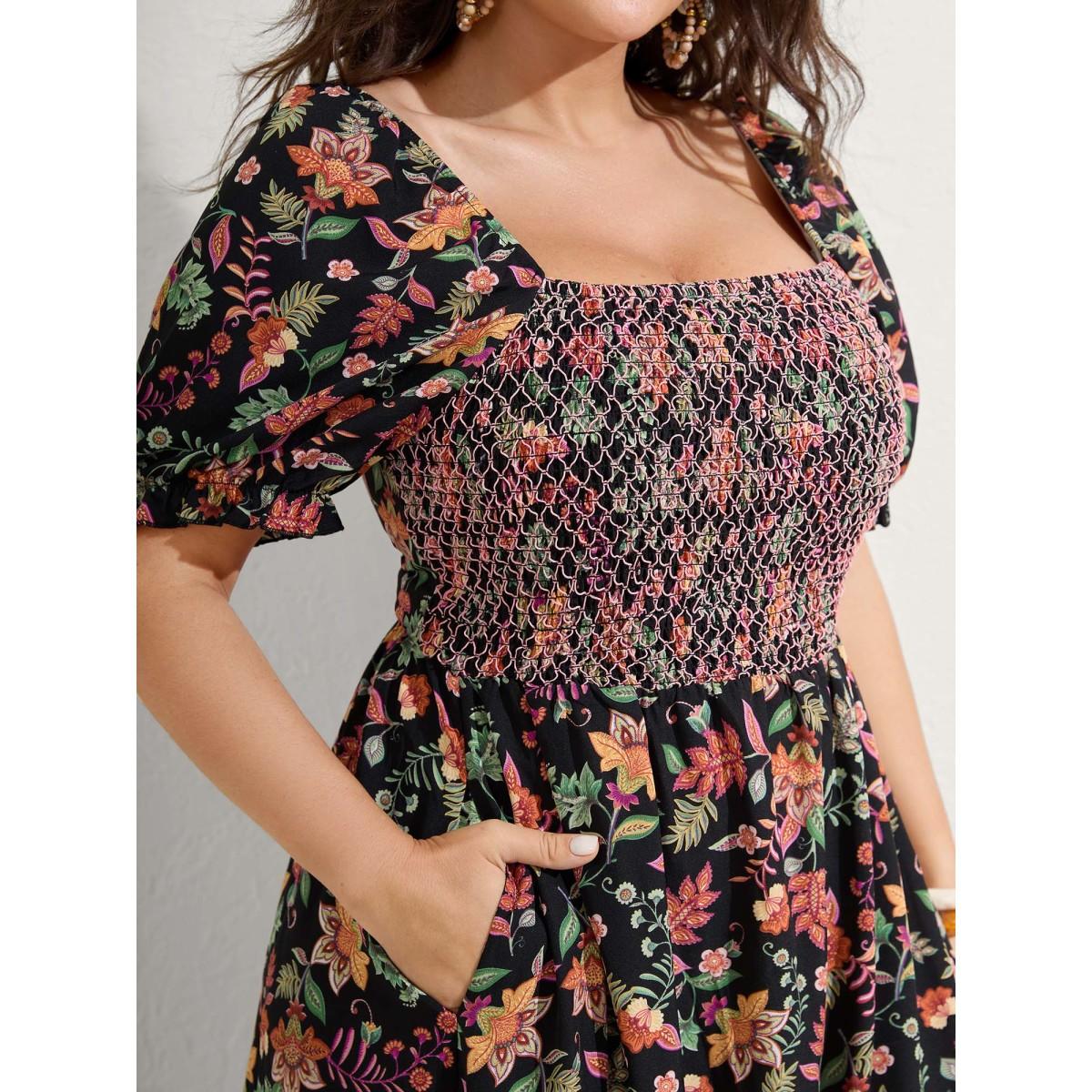 Plus Size Net Shirred Paisley Print Midi Dress Black Women Shirred Square Neck Short sleeve Curvy BloomChic 18-20/2X Product Image