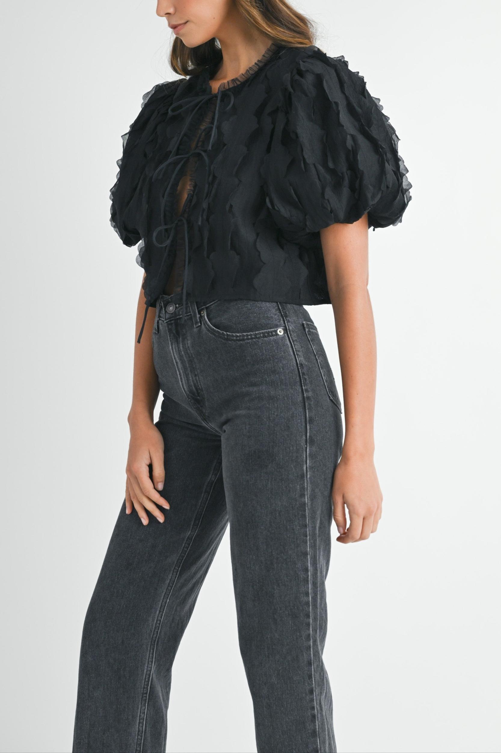 Textured Scallop Puff Sleeve Blouse Top Product Image