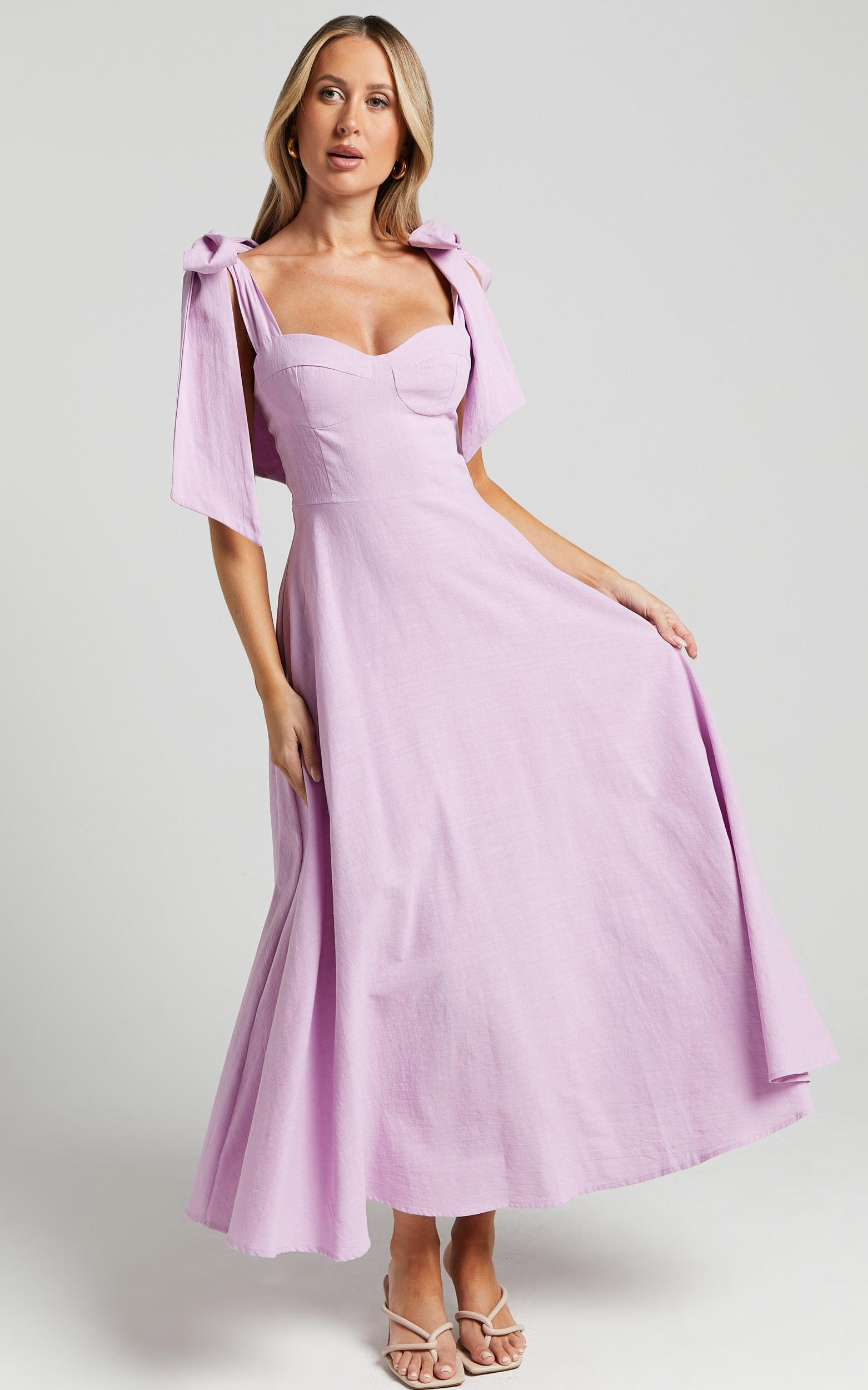 Tymia Midi Dress - Shoulder Tie Bustier Shirred Back A Line in Lavender Product Image