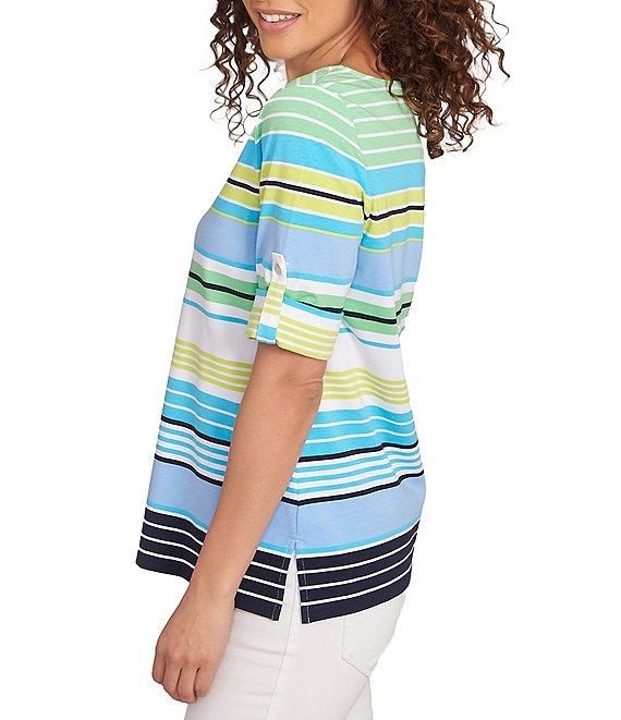 Ruby Rd. Knit Multi Stripe Boat Neck Short Roll-Tab Sleeve Top Product Image