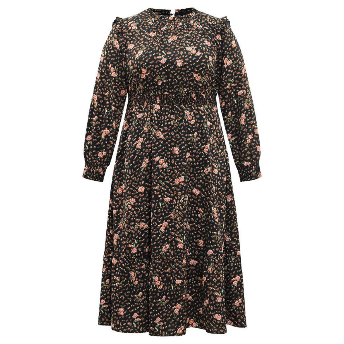 Plus Size Ditsy Floral Shirred Flutter Trim Keyhole Dress Black Women Elegant Printed Mock Neck Long Sleeve Curvy Midi Dress BloomChic 18-20/2X Product Image
