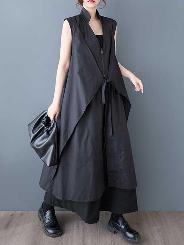 A-Line Loose Pockets Solid Color Tied Zipper V-Neck Midi Dresses Shirt Dress Product Image