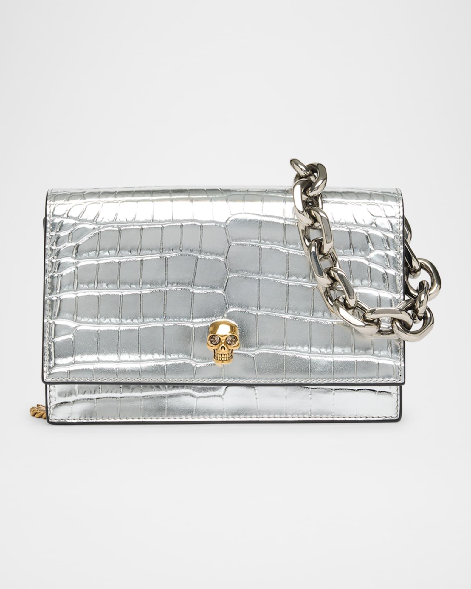 Skull Metallic Croc-Embossed Leather Shoulder Bag Product Image