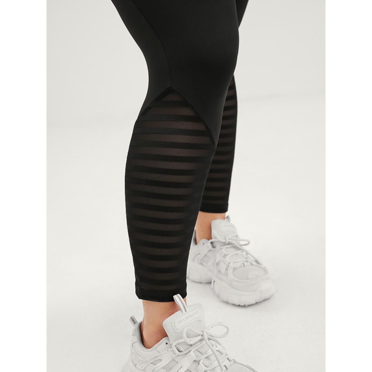 Plus Size Solid Wideband Waist Striped Mesh Patchwork Skinny Leggings Women Black Casual Medium stretch Bodycon Extra High Rise Dailywear Leggings BloomChic 10/M Product Image