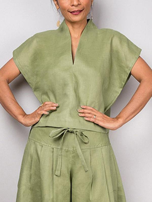 High Waisted Loose Drawstring Pleated Solid Color Split-Joint Pants Trousers Product Image