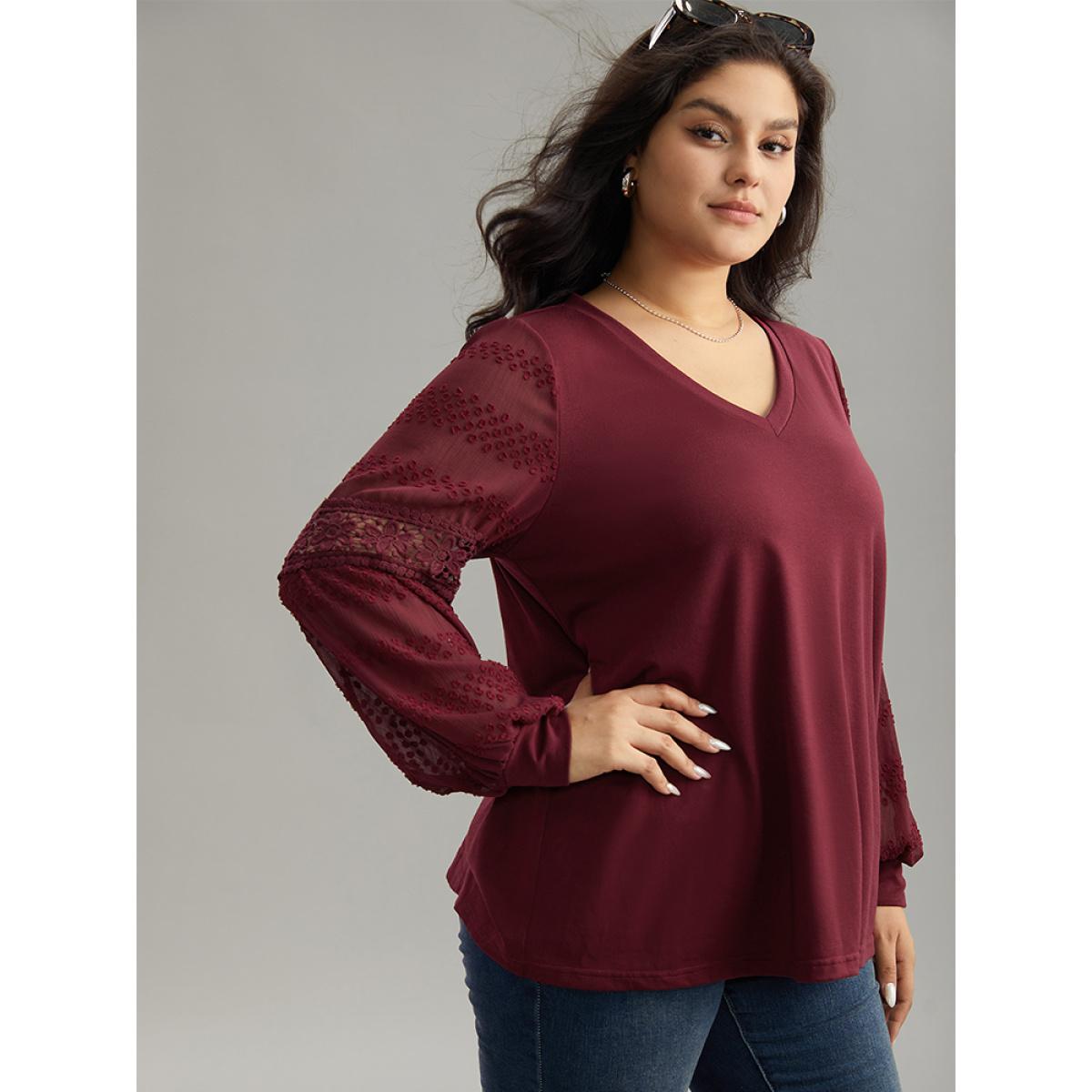 Plus Size Supersoft Essentials Solid Guipure Lace Cut Out T-shirt Burgundy Women Elegant Elastic cuffs Plain V-neck Dailywear T-shirts BloomChic 22-24/3X Product Image