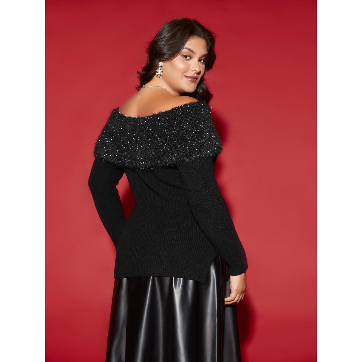 Plus Size Off-Shoulder Silver Threads Detailing Pullover Black Women Cocktail Loose Long Sleeve One-shoulder neck Party Pullovers BloomChic 14-16/1X Product Image