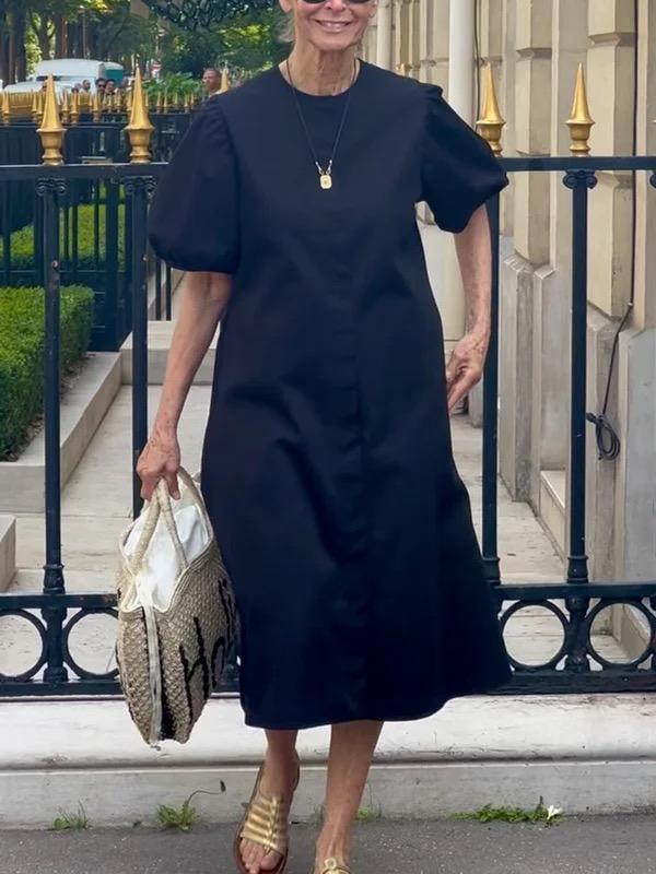 A-Line Loose Pleated Pockets Solid Color Round-Neck Midi Dresses Product Image