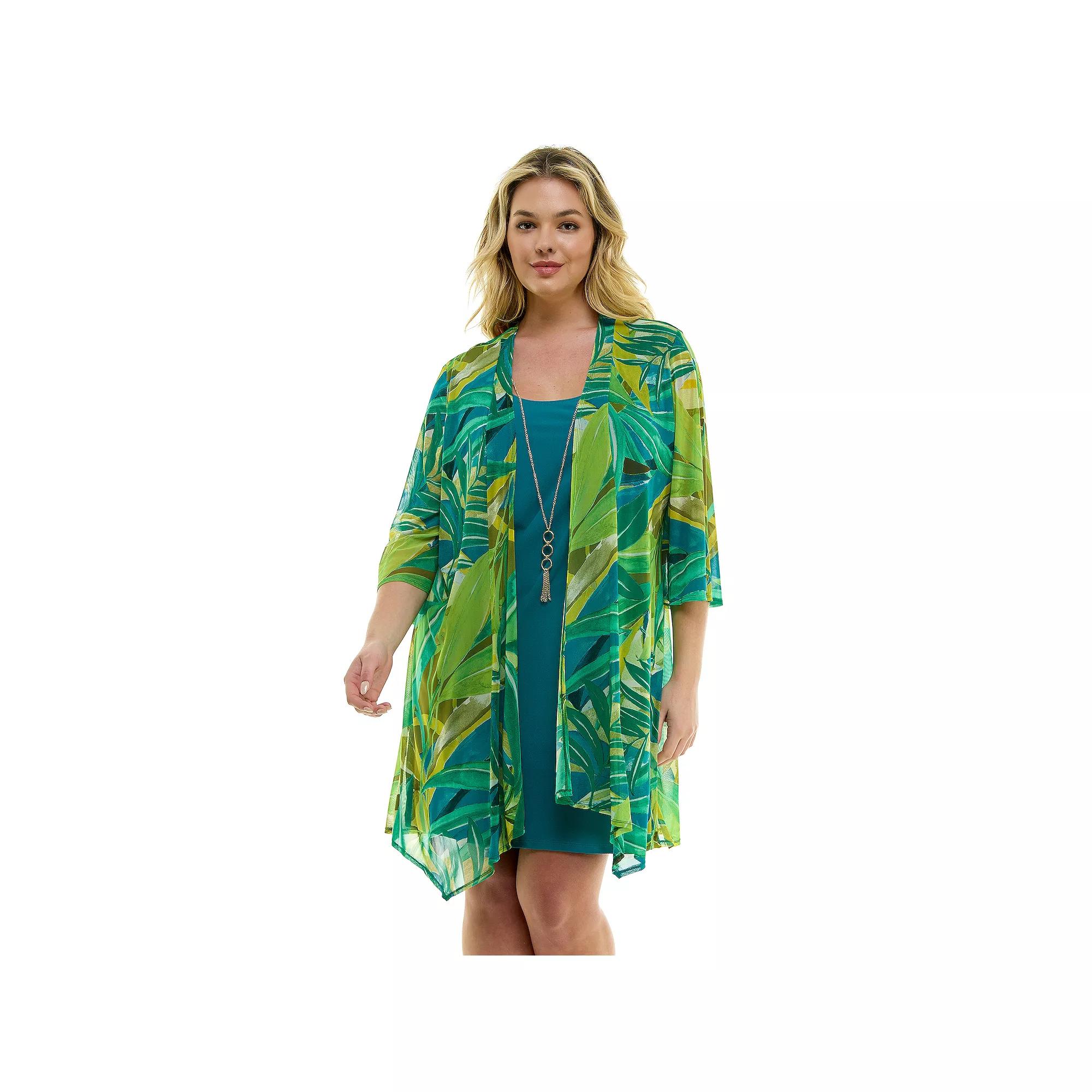 Plus Size Luxology 2-Piece 3/4 Sleeve Cardigan & Dress Set, Women's, Size: 1XL, Blue Green Lime Product Image