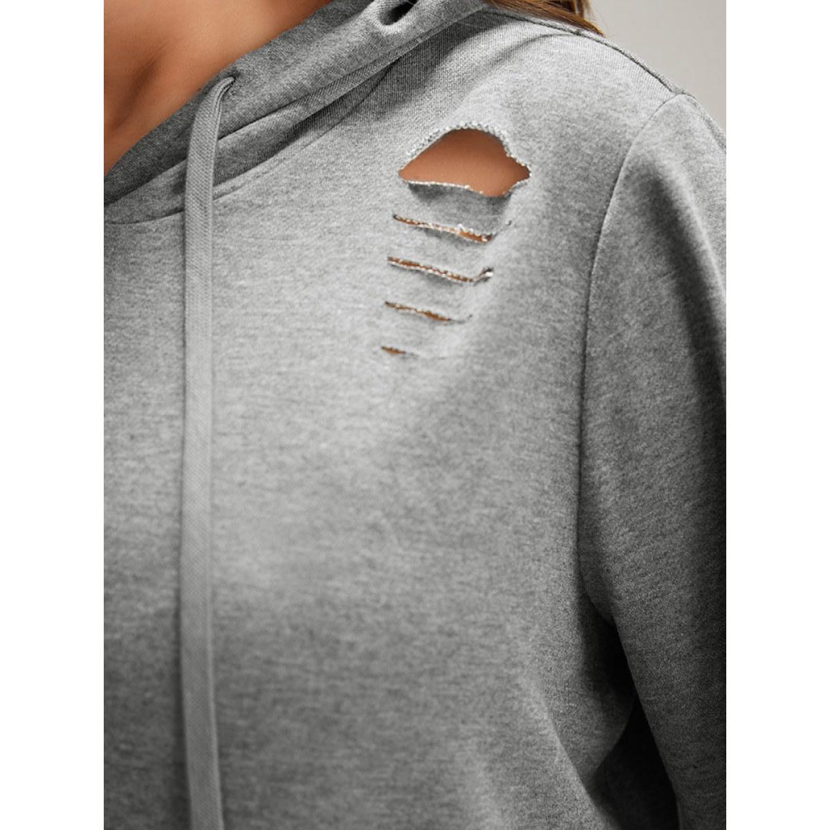 Plus Size Plain Distressed Hooded Drawstring Sweatshirt Women DimGray Casual Elastic cuffs Hooded Dailywear Sweatshirts BloomChic 30/6X Product Image