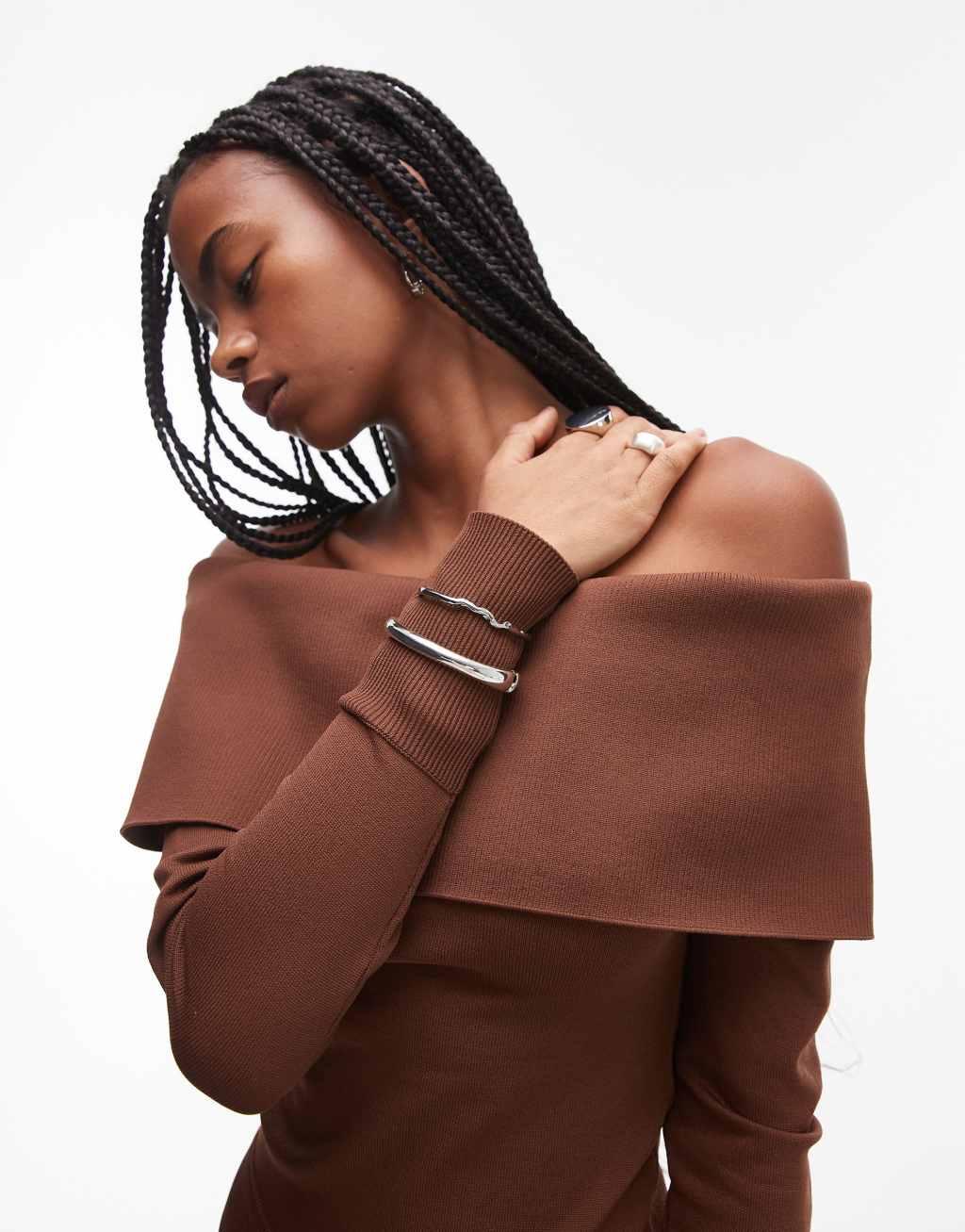 Topshop deep bardot knit top in brown Product Image