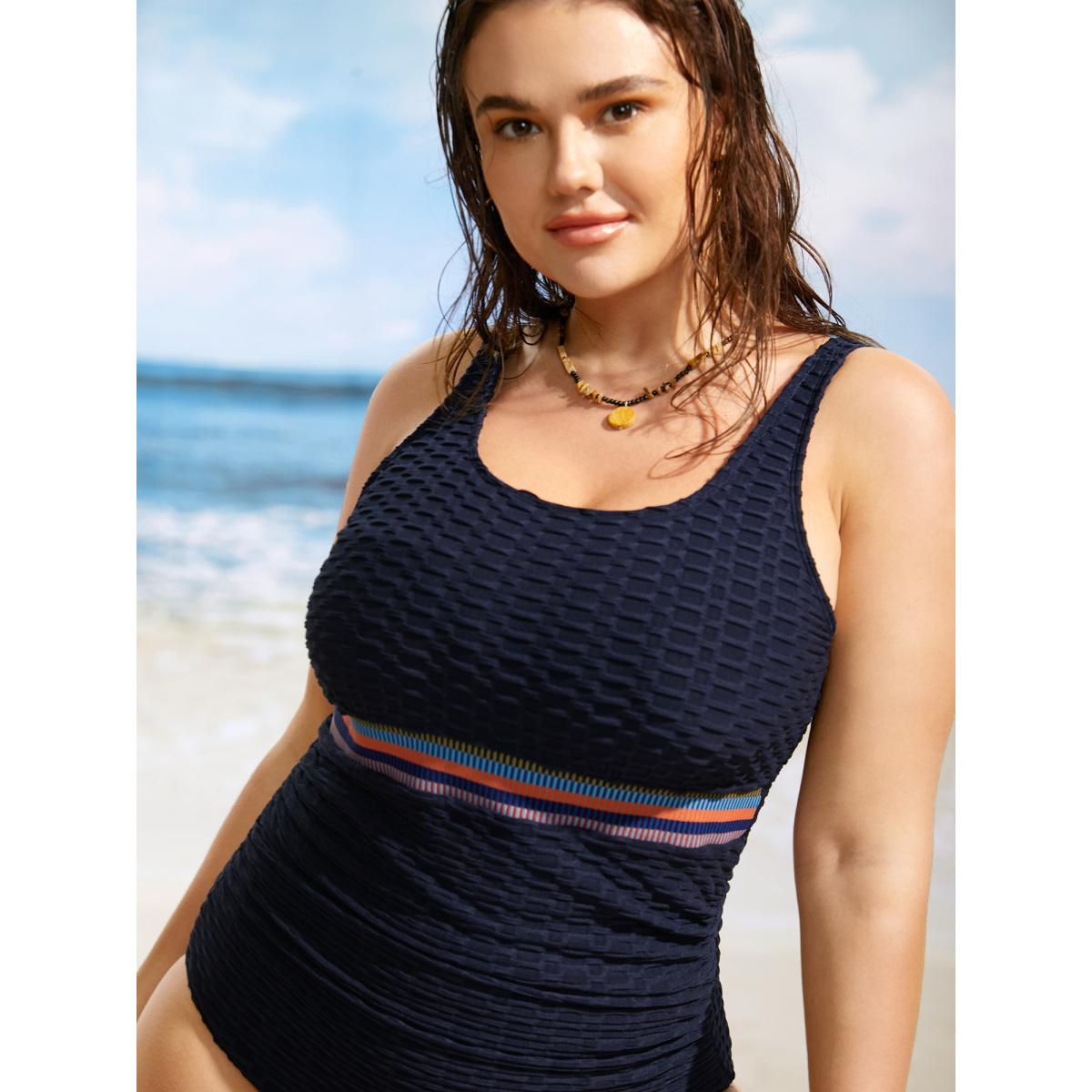 Plus Size U Neck Patchwork Contrast Webbing One Piece Swimsuit Women's Swimwear Midnight Beach Woven ribbon&lace trim Curve Bathing Suits High stretch One Pieces BloomChic 12/L Product Image