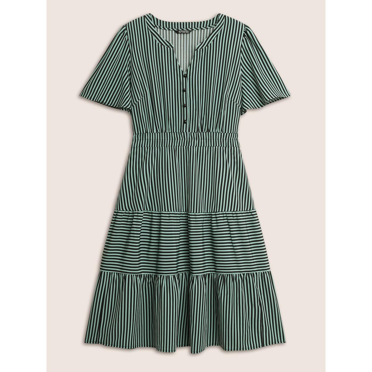 Plus Size Striped Button Detail Ruffle Layered Hem Dress Emerald Women At the Office Button Notched collar Short sleeve Curvy BloomChic 12/L Product Image