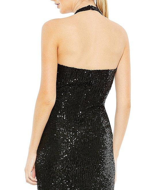 Mac Duggal Sleeveless Halter Square Neck Side Knot Thigh High Slit Sequin Sheath Gown Product Image