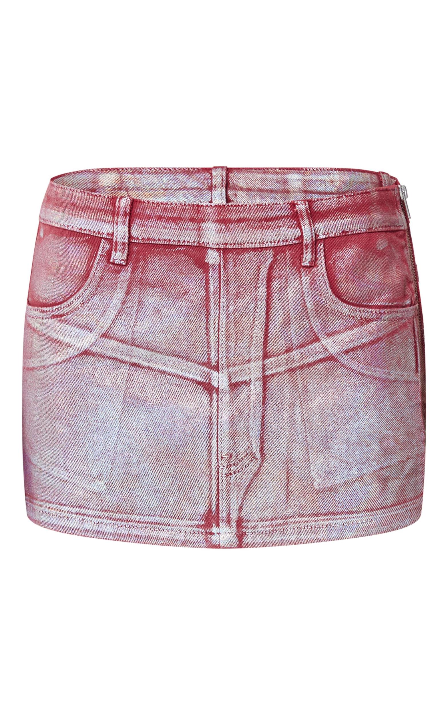 Cherry Red Silver Metallic Foil Effect Denim Micro Mini Skirt Product Image