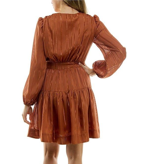 Taylor Lurex Shadow Stripe Surplice V-Neck Long Sleeve Wrap Dress Product Image