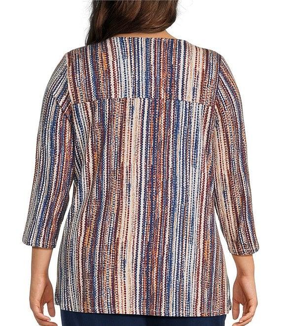 Intro Plus Size Knit Jersey Sand Abstract Stripe 3/4 Sleeve Pleated Neck Tee Product Image
