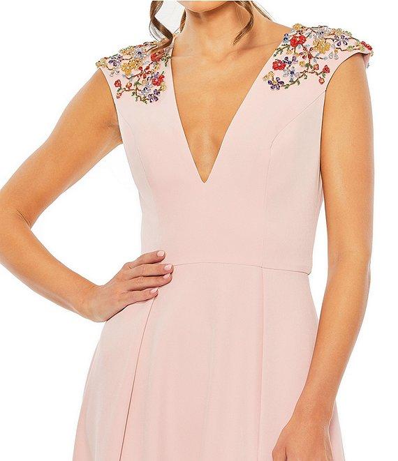 Mac Duggal Beaded Shoulder Deep V-Neck Cap Sleeve Thigh High Slit A-Line Gown Product Image