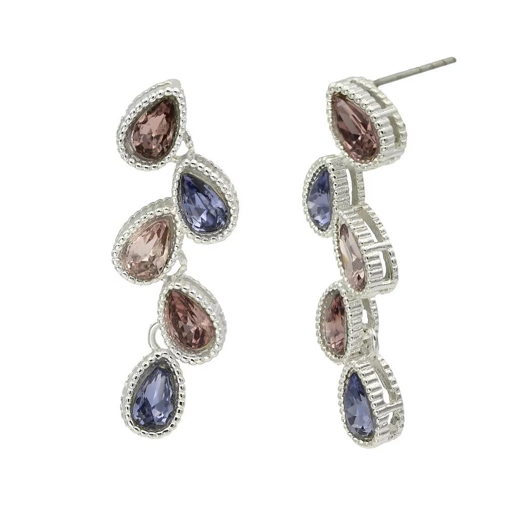 City Luxe Silver Tone Multi-Color Crystal Pear Linear Drop Earrings, Women's, Silver Tone Purple Product Image