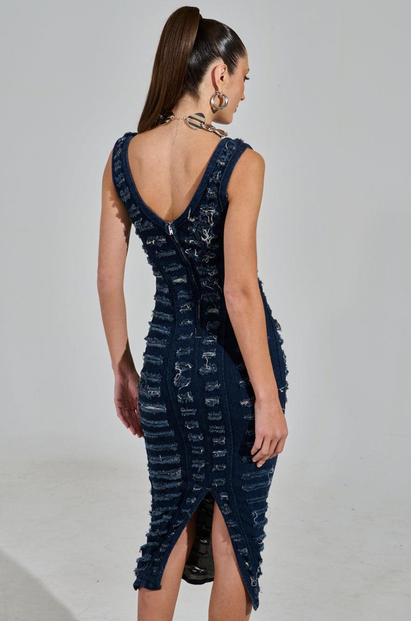 SHE'S GOT IT SHREDDED DENIM MIDI DRESS IN DARK BLUE Product Image