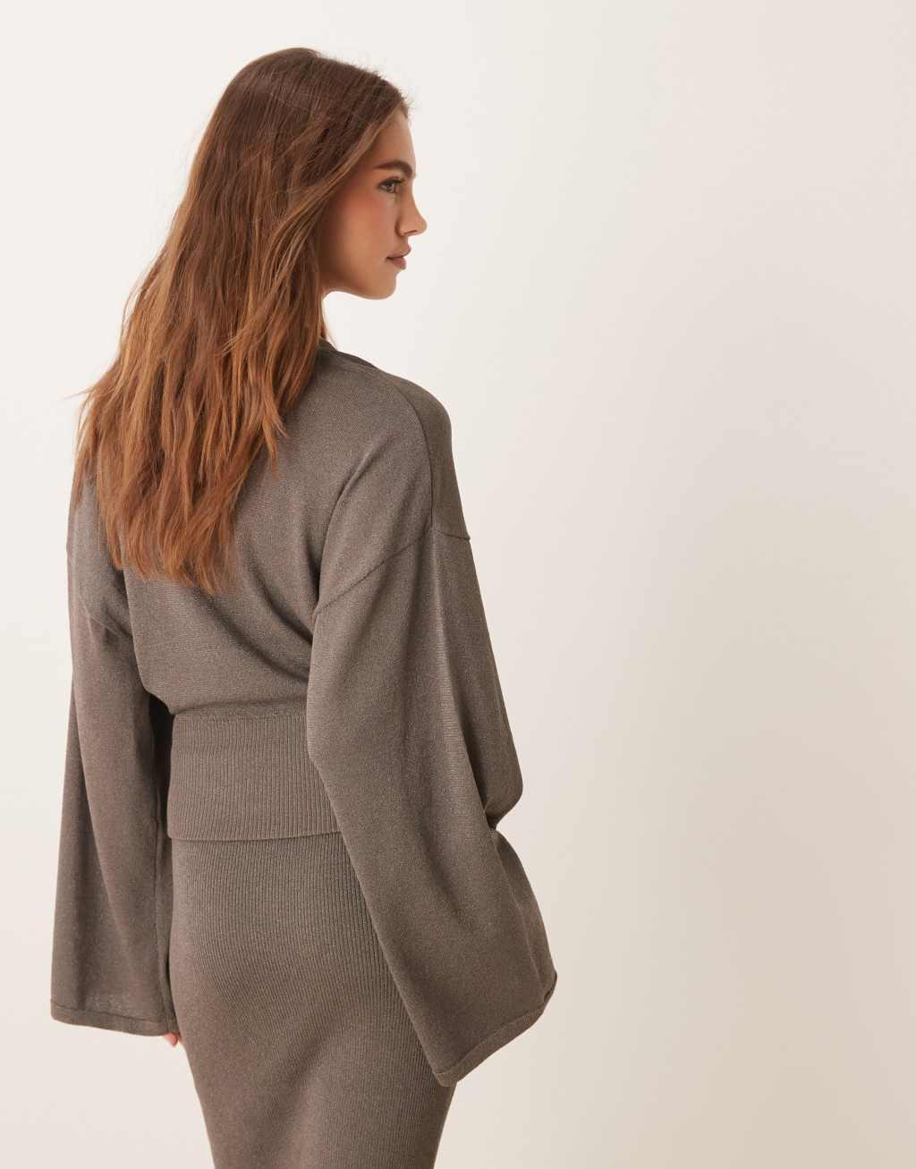 Gina Tricot metallic fine knit sweater with wide sleeves in dark beige - part of a set Product Image