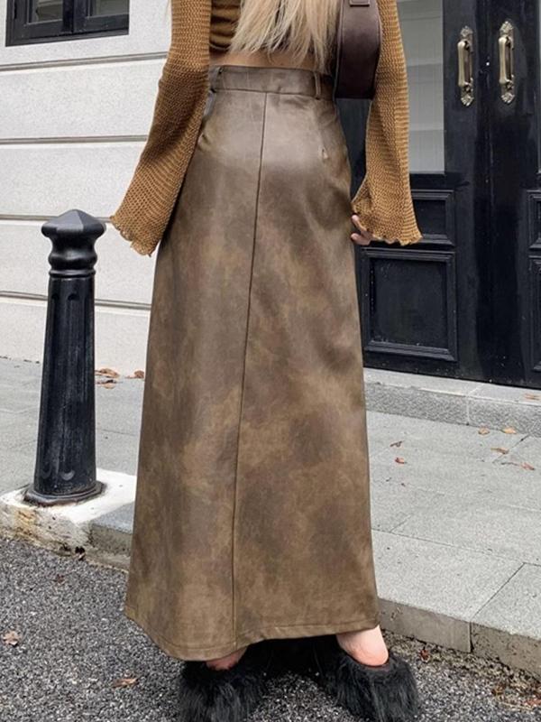 Vintage Brown High Rise Split PU Leather Midi Skirt Product Image