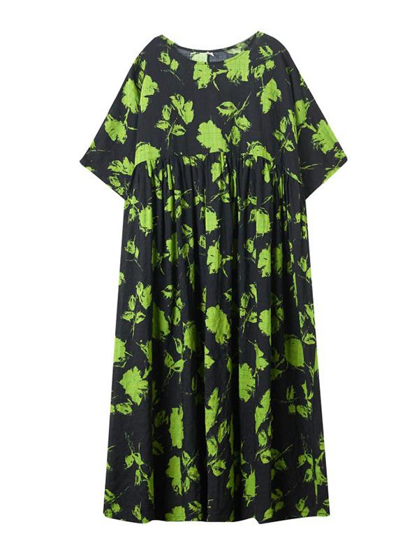 Loose Floral Pleated Round-Neck Midi Dresses Product Image