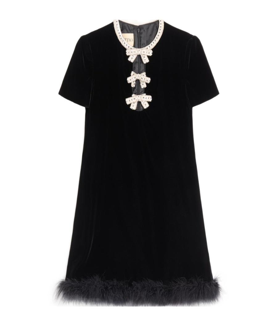 VALENTINO Crystal Bow Velvet Mini Dress With Feather Trim In Black Product Image