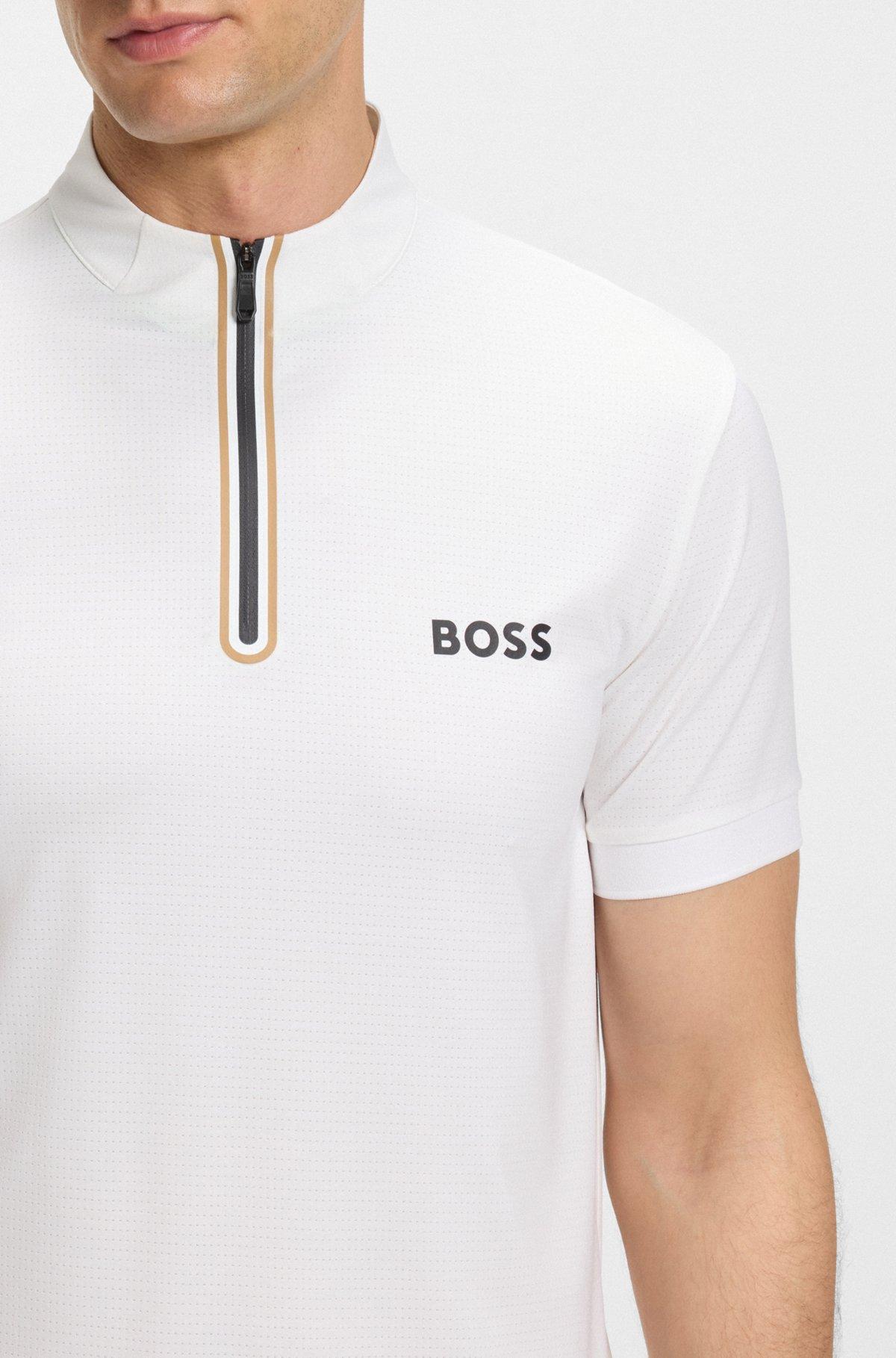 BOSS - Active zip-neck T-shirt in stretch-mesh jersey - White Product Image