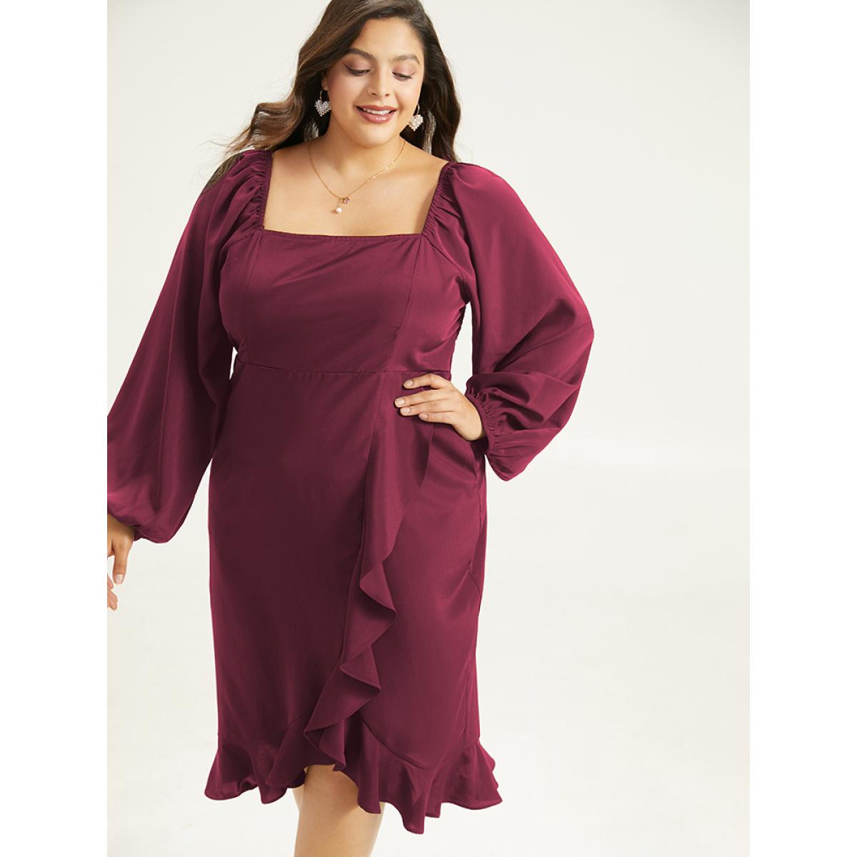 Plus Size Anti-Wrinkle Square Neck Ruffle Trim Wrap Hem Dress Burgundy Women Glamour Elastic cuffs Square Neck Long Sleeve Curvy Midi Dress BloomChic 22-24/3X Product Image