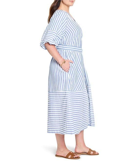 NIC + ZOE Plus Size Double Gauze Mixed Stripe V-Neck Elbow Sleeve Midi Dress Product Image