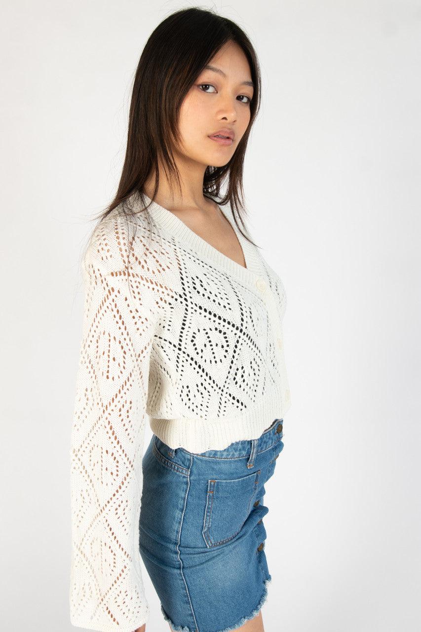 Ivory Bell Sleeve Pointelle Cardigan Product Image