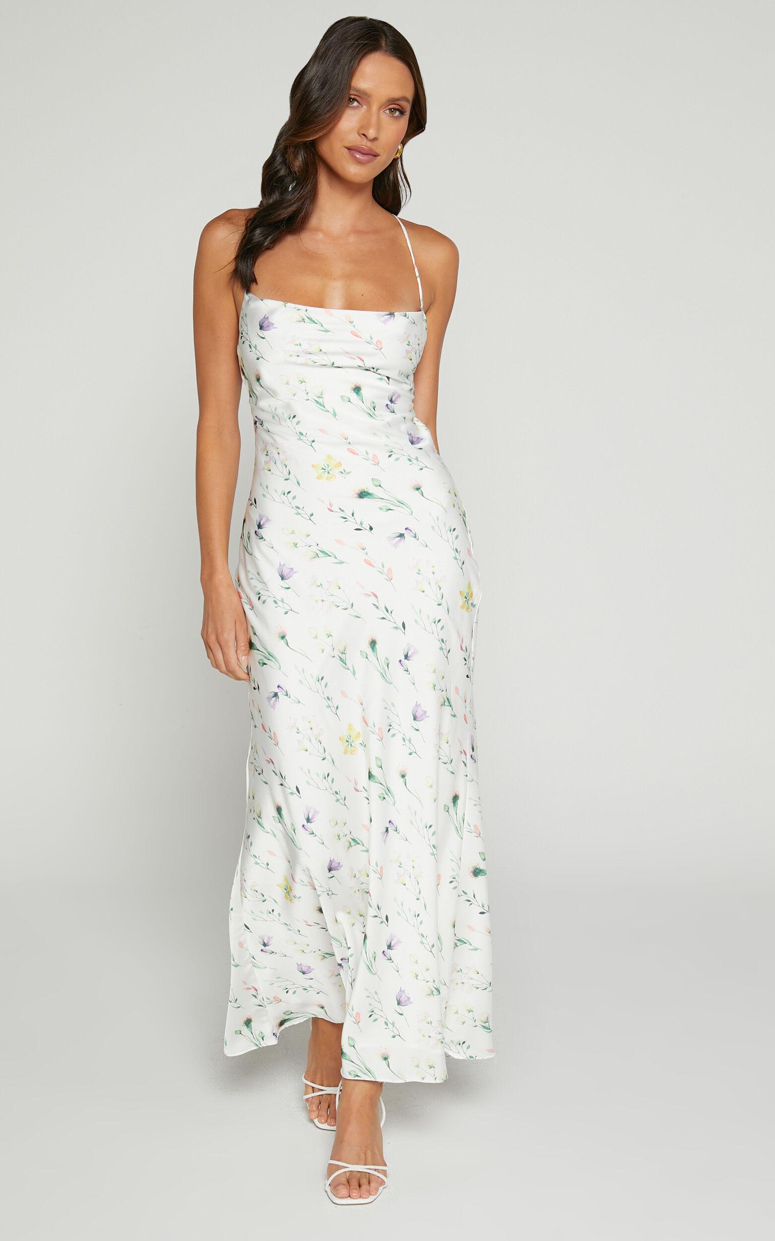 Shierina Midi Linen Blend Dress - Sweetheart Neck Line Sleeveless Dress in White Floral Product Image