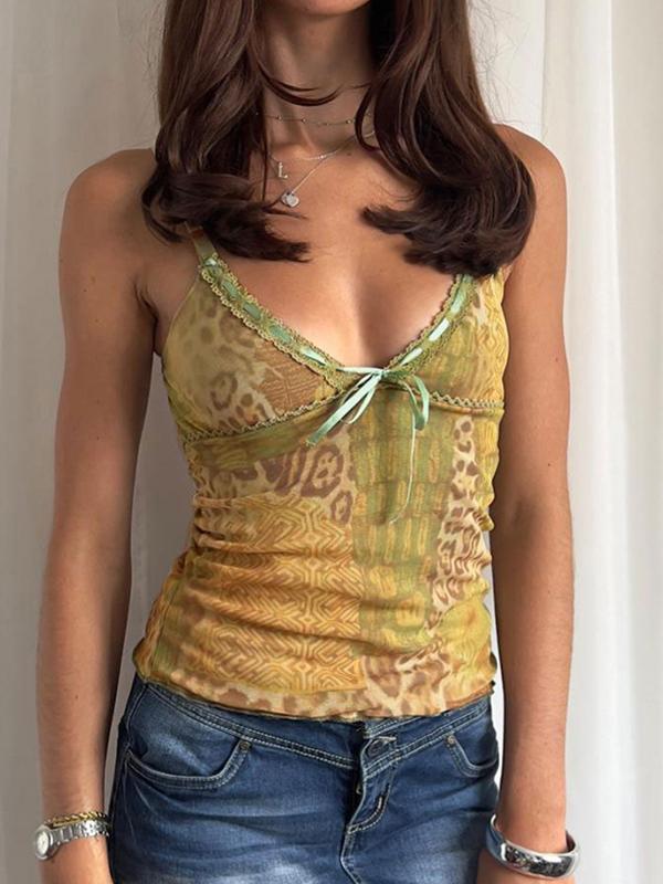 V-Neck Tie With Bow In Contrasting Colors Cami Top Product Image