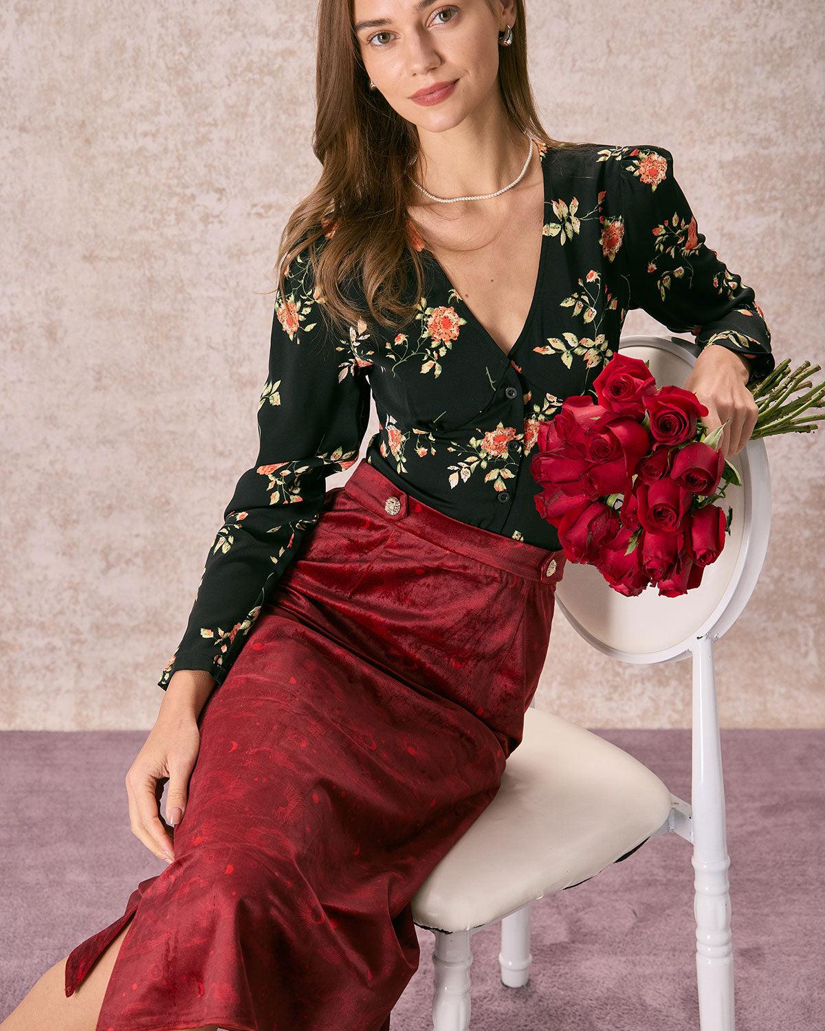 The Wine Red Split Hem Velvet Midi Skirt Product Image