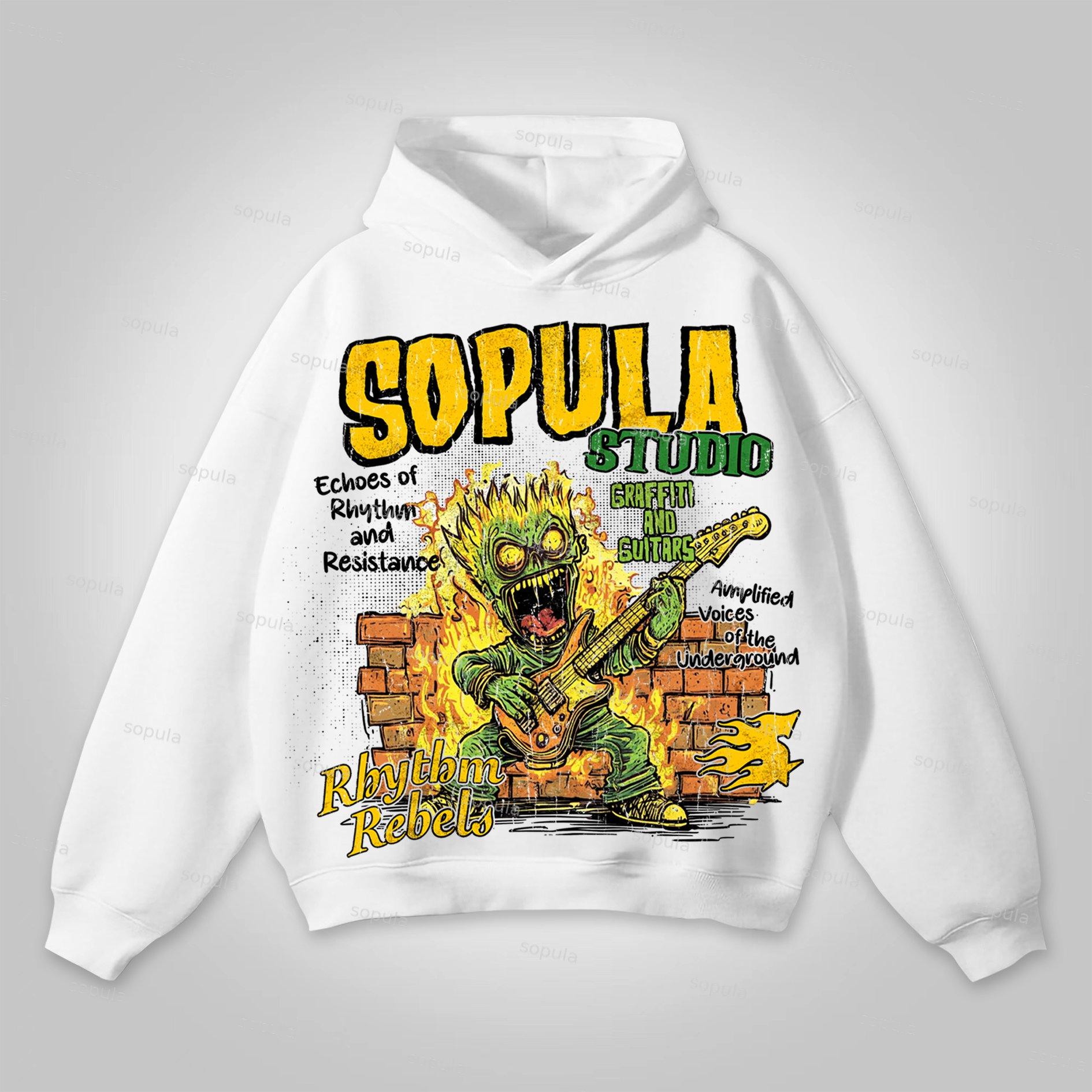 Sopula Street Graffiti Flame Guitar Graphic Cotton Hoodie Product Image