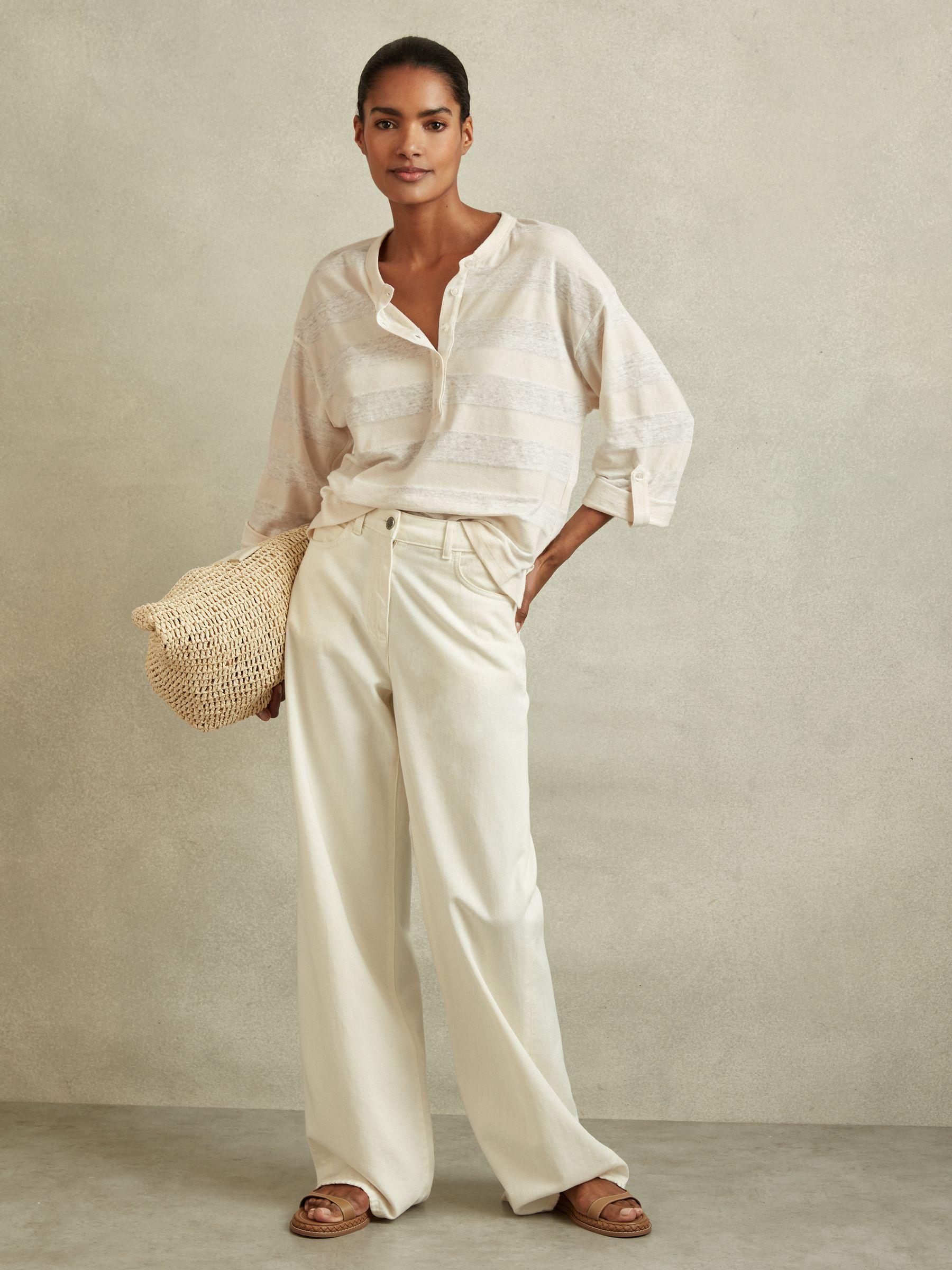 Linen-Cotton Striped Henley Top in Neutral/Ivory Product Image