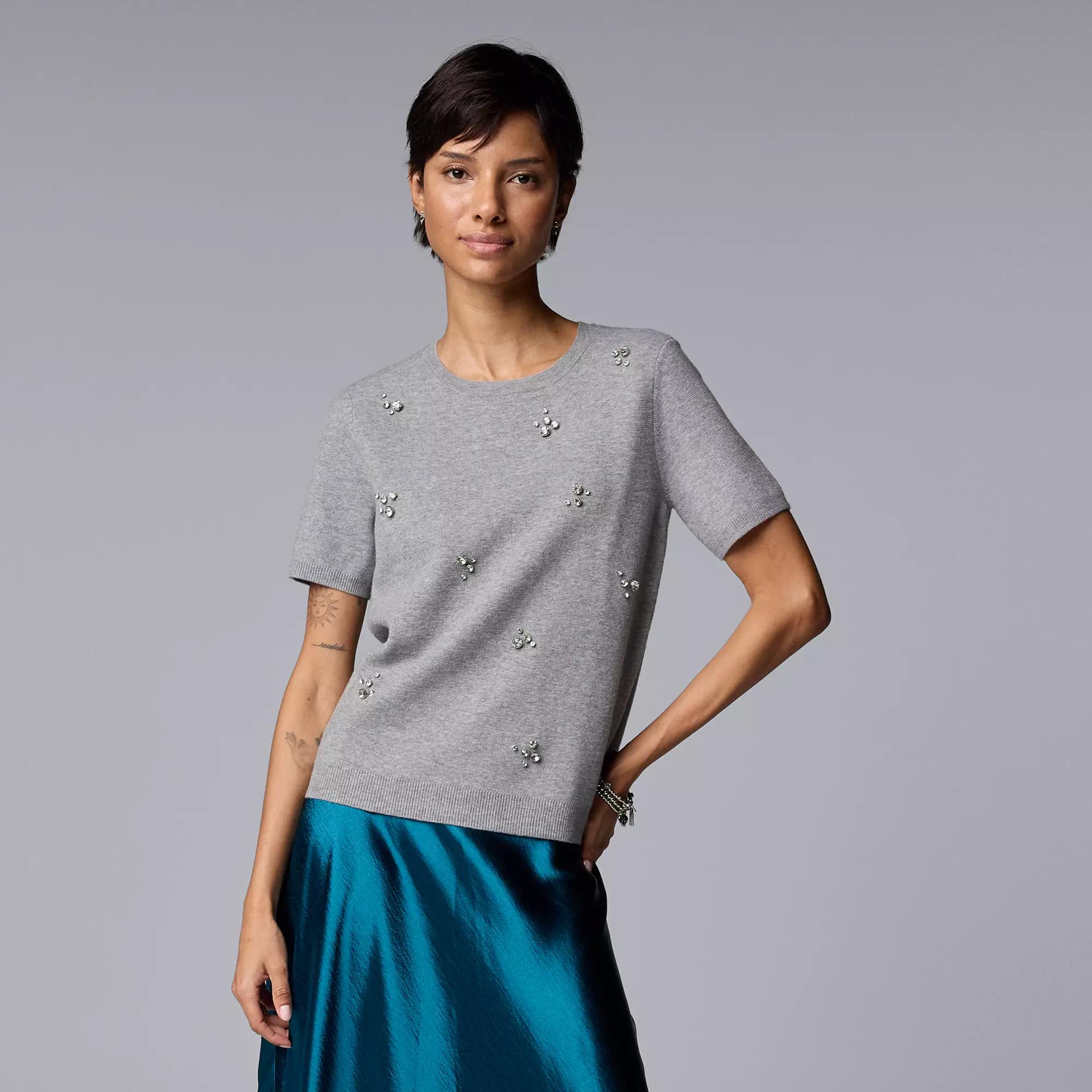 Petite Simply Vera Vera Wang Rhinestone Cluster Short Sleeve Sweater, Women's, Size: XS Petite, Dark Gray Fox Grey Product Image