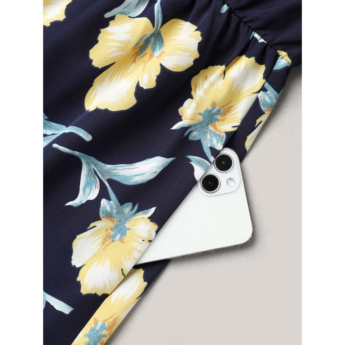 Plus Size Spring Flowers V-Neck Tiered Midi Dress Indigo Women Elegant Overlapping V-neck Half Sleeve Curvy BloomChic 28/5X Product Image