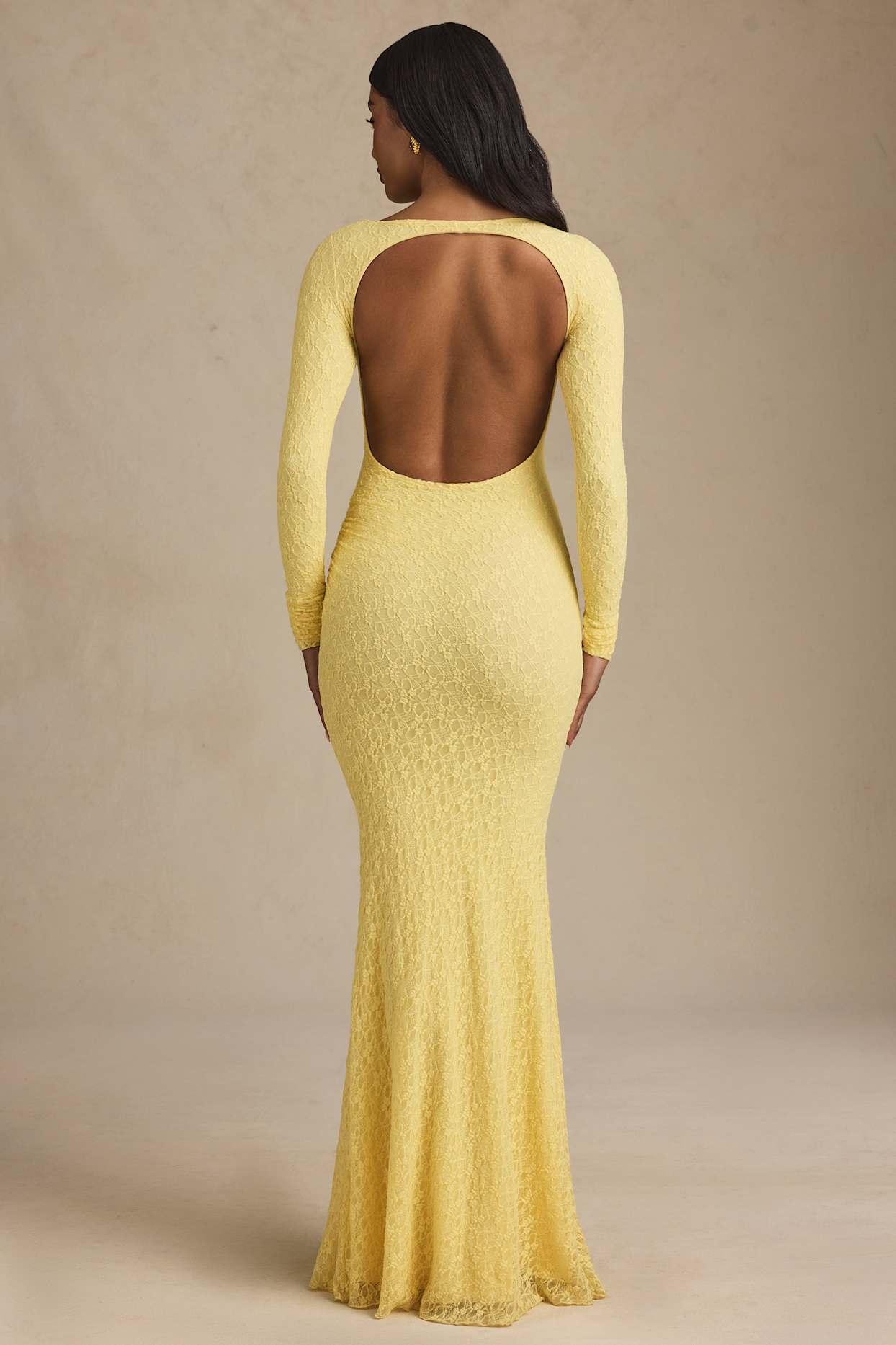 Ruched Backless Lace Maxi Dress in Pastel Yellow Product Image