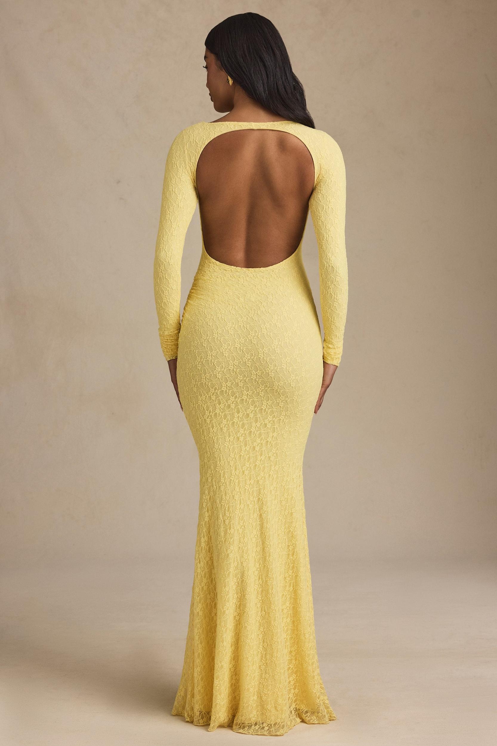 Ruched Backless Lace Maxi Dress in Pastel Yellow Product Image