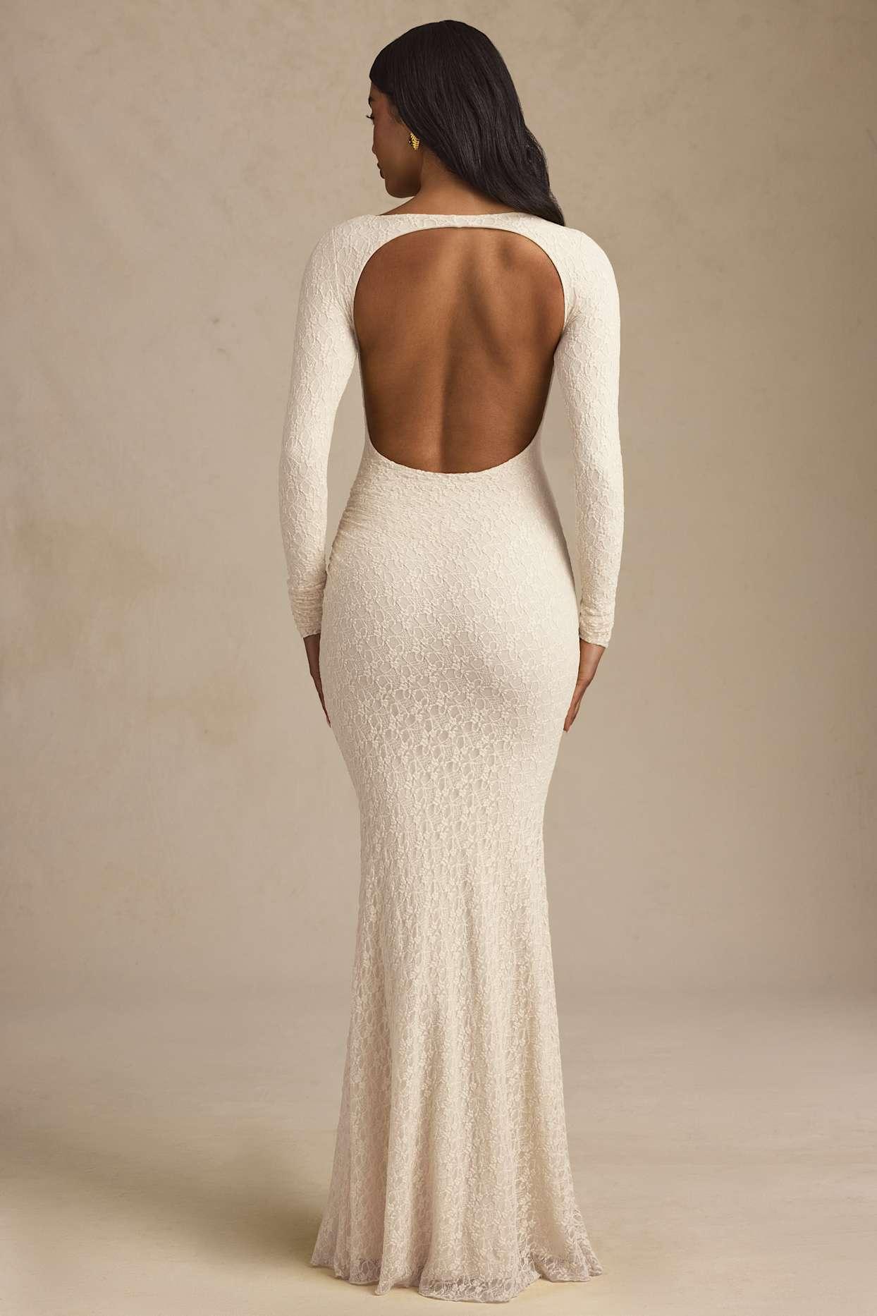 Ruched Backless Lace Maxi Dress in Ivory Product Image