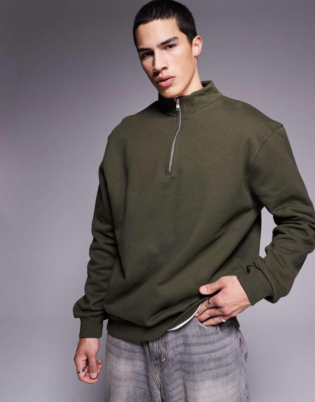 ASOS DESIGN premium heavyweight boxy oversized quarter zip sweatshirt 400gsm in khaki Product Image